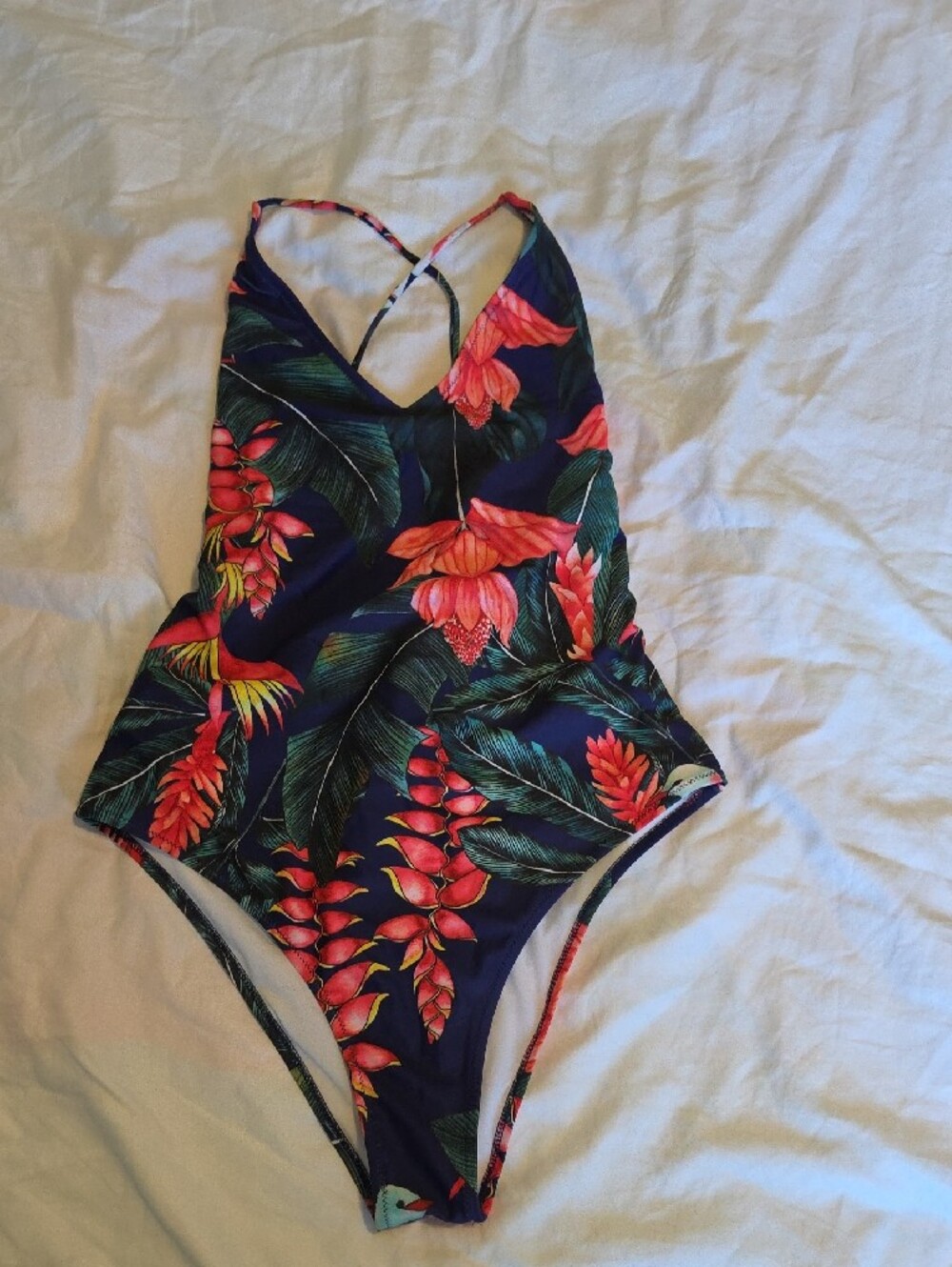 Tropical Floral One-Piece Swimsuit — Navy with Coral Flowers